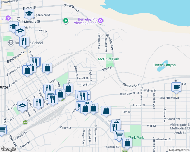 map of restaurants, bars, coffee shops, grocery stores, and more near 1311 Farrell Street in Butte