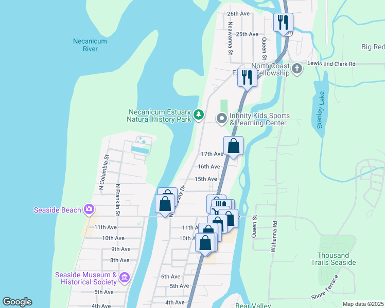 map of restaurants, bars, coffee shops, grocery stores, and more near 1610 North Holladay Drive in Seaside