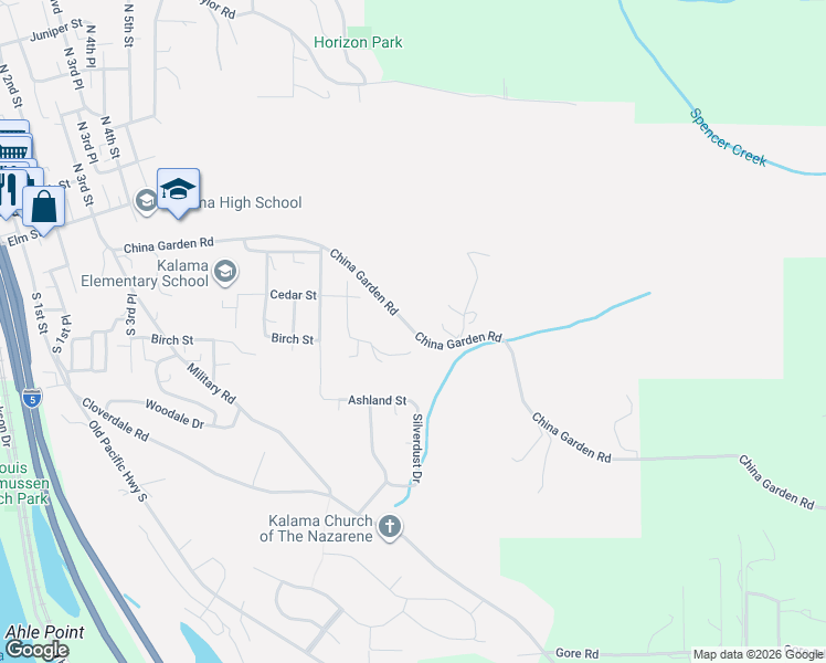 map of restaurants, bars, coffee shops, grocery stores, and more near China Garden Road in Kalama