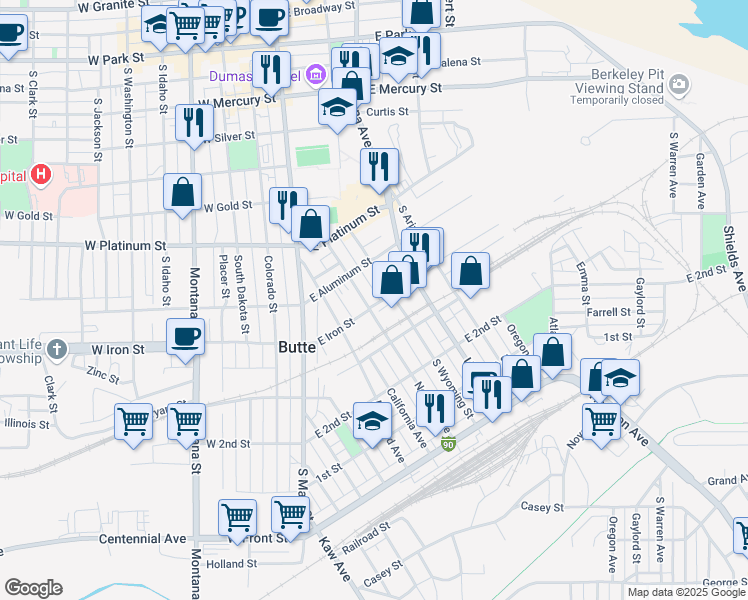 map of restaurants, bars, coffee shops, grocery stores, and more near 730 Nevada Avenue in Butte