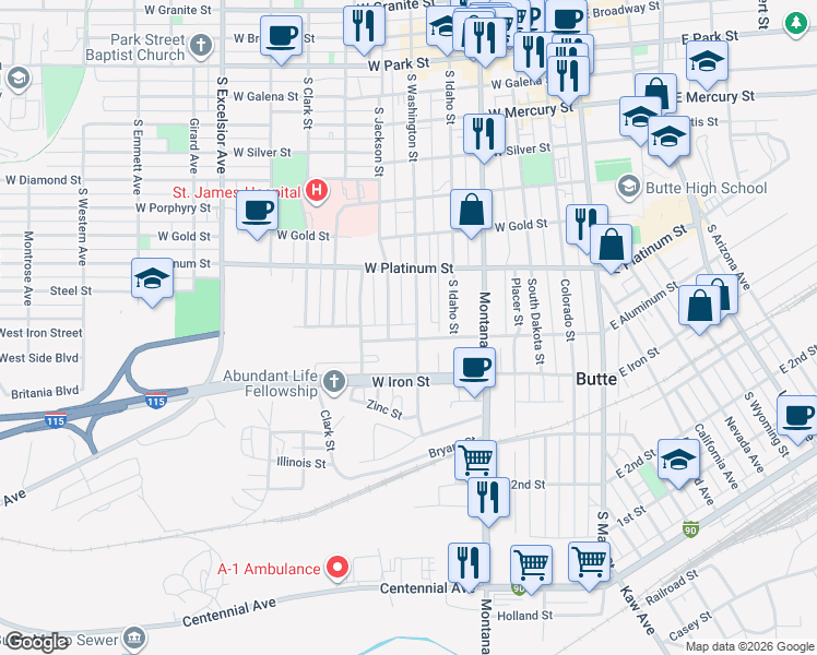 map of restaurants, bars, coffee shops, grocery stores, and more near 675 South Washington Street in Butte
