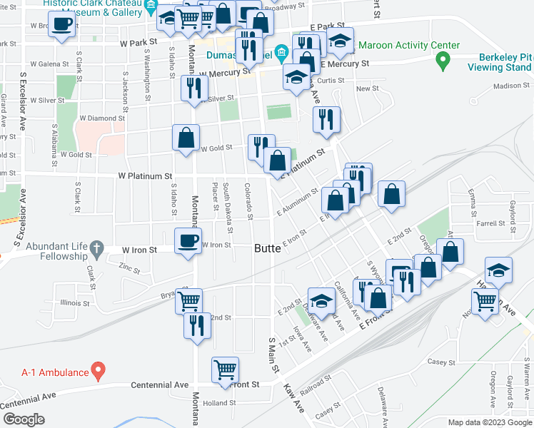 map of restaurants, bars, coffee shops, grocery stores, and more near 675 South Main Street in Butte