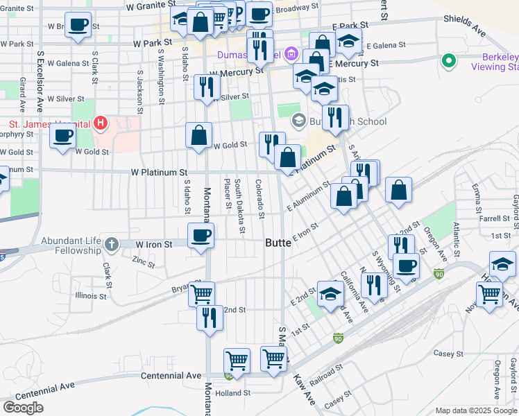 map of restaurants, bars, coffee shops, grocery stores, and more near 58 West Aluminum Street in Butte