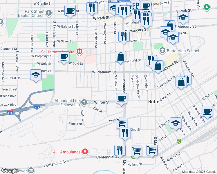 map of restaurants, bars, coffee shops, grocery stores, and more near 675 South Washington Street in Butte