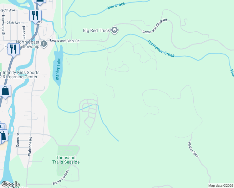 map of restaurants, bars, coffee shops, grocery stores, and more near 1775 Thompson Falls Drive in Seaside