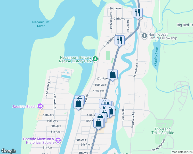 map of restaurants, bars, coffee shops, grocery stores, and more near 750 17th Avenue in Seaside