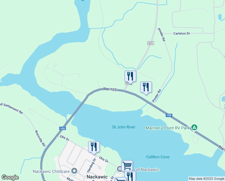 map of restaurants, bars, coffee shops, grocery stores, and more near 715 New Brunswick 105 in Nackawic