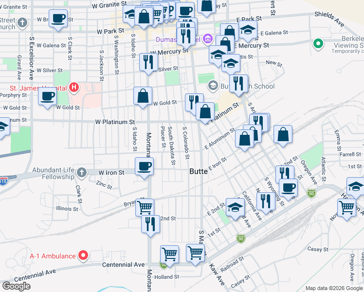 map of restaurants, bars, coffee shops, grocery stores, and more near 58 West Aluminum Street in Butte