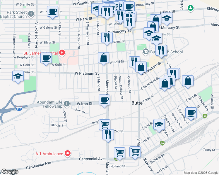 map of restaurants, bars, coffee shops, grocery stores, and more near 668 South Montana Street in Butte