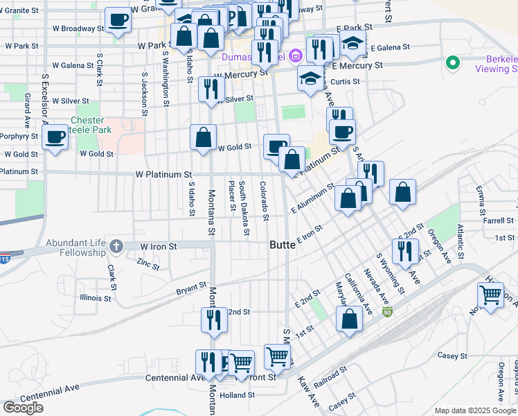 map of restaurants, bars, coffee shops, grocery stores, and more near 58 West Aluminum Street in Butte