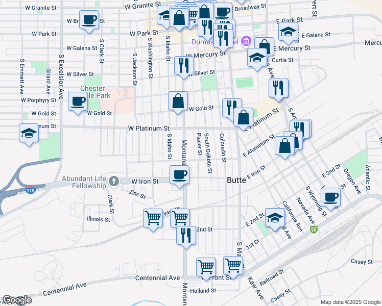 map of restaurants, bars, coffee shops, grocery stores, and more near 601-699 South Montana Street in Butte
