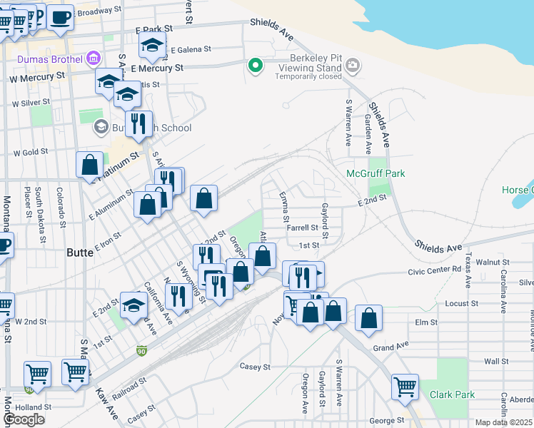 map of restaurants, bars, coffee shops, grocery stores, and more near in Butte
