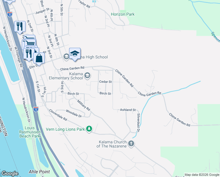 map of restaurants, bars, coffee shops, grocery stores, and more near 980 Birch Street in Kalama