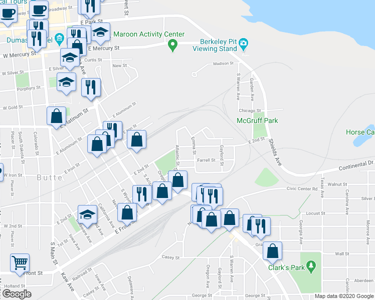 map of restaurants, bars, coffee shops, grocery stores, and more near 1128 East 2nd Street in Butte