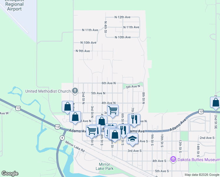 map of restaurants, bars, coffee shops, grocery stores, and more near 401-403 5th Avenue North in Hettinger