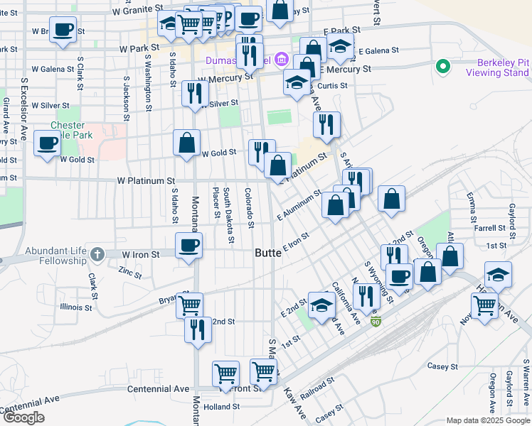 map of restaurants, bars, coffee shops, grocery stores, and more near 702 South Main Street in Butte