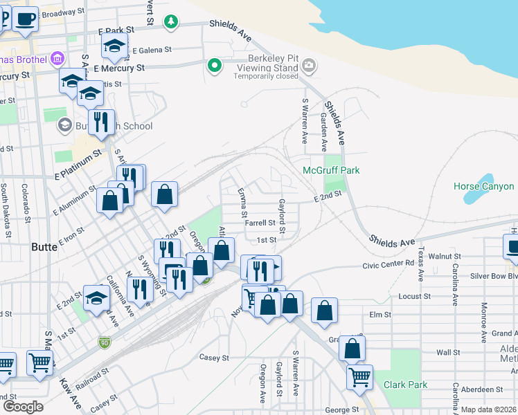 map of restaurants, bars, coffee shops, grocery stores, and more near 1228 East 2nd Street in Butte