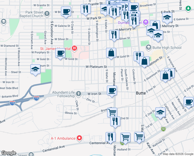 map of restaurants, bars, coffee shops, grocery stores, and more near 661 South Washington Street in Butte