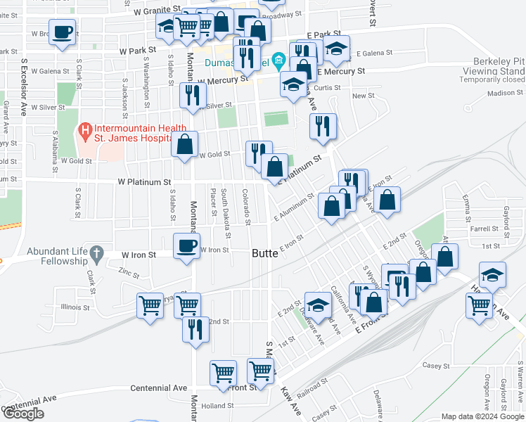 map of restaurants, bars, coffee shops, grocery stores, and more near 702 South Main Street in Butte