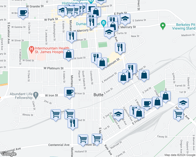 map of restaurants, bars, coffee shops, grocery stores, and more near 655 South Main Street in Butte