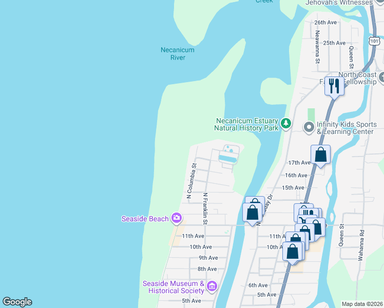 map of restaurants, bars, coffee shops, grocery stores, and more near 220 17th Avenue in Seaside