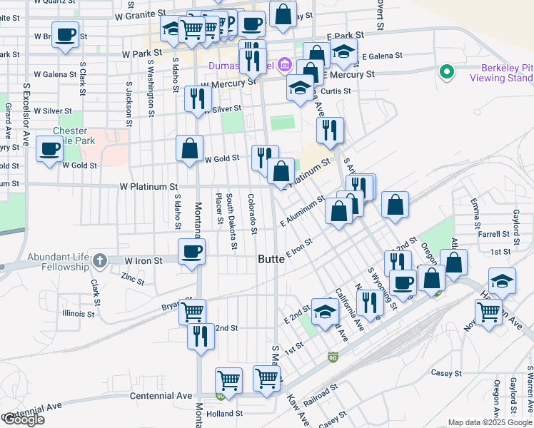 map of restaurants, bars, coffee shops, grocery stores, and more near 702 South Main Street in Butte
