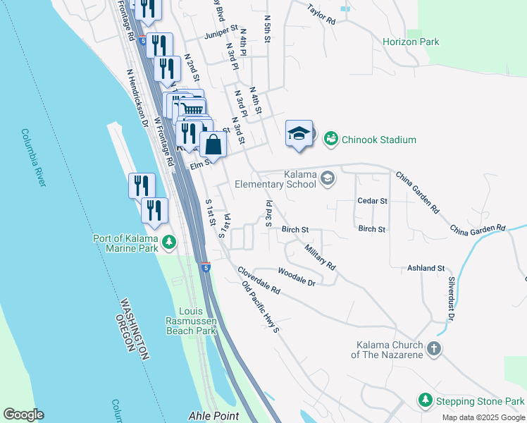 map of restaurants, bars, coffee shops, grocery stores, and more near 359 Birch Street in Kalama