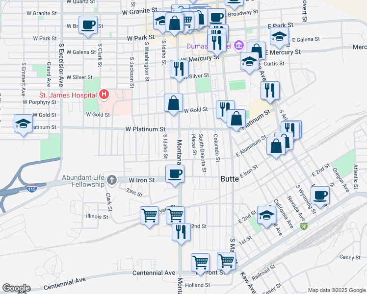 map of restaurants, bars, coffee shops, grocery stores, and more near 646 South Montana Street in Butte