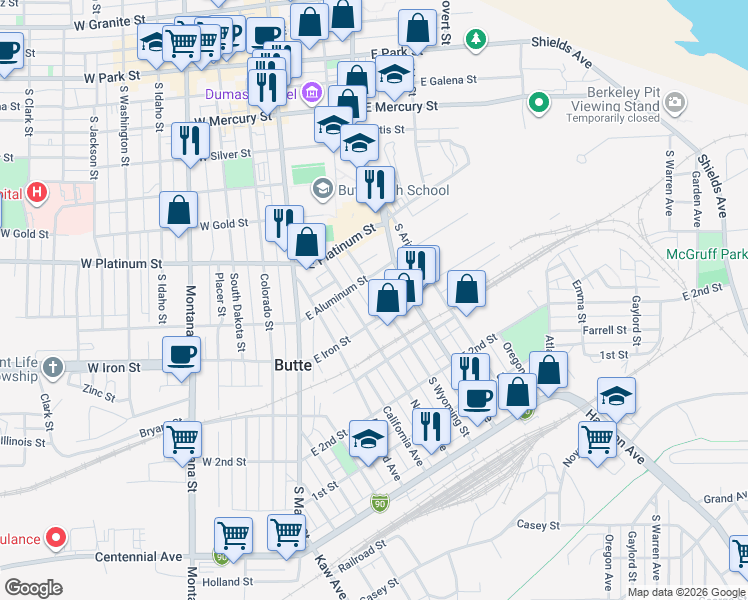 map of restaurants, bars, coffee shops, grocery stores, and more near 725 South Wyoming Street in Butte