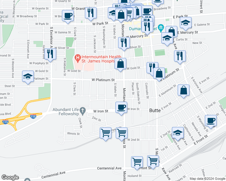 map of restaurants, bars, coffee shops, grocery stores, and more near 647 South Idaho Street in Butte