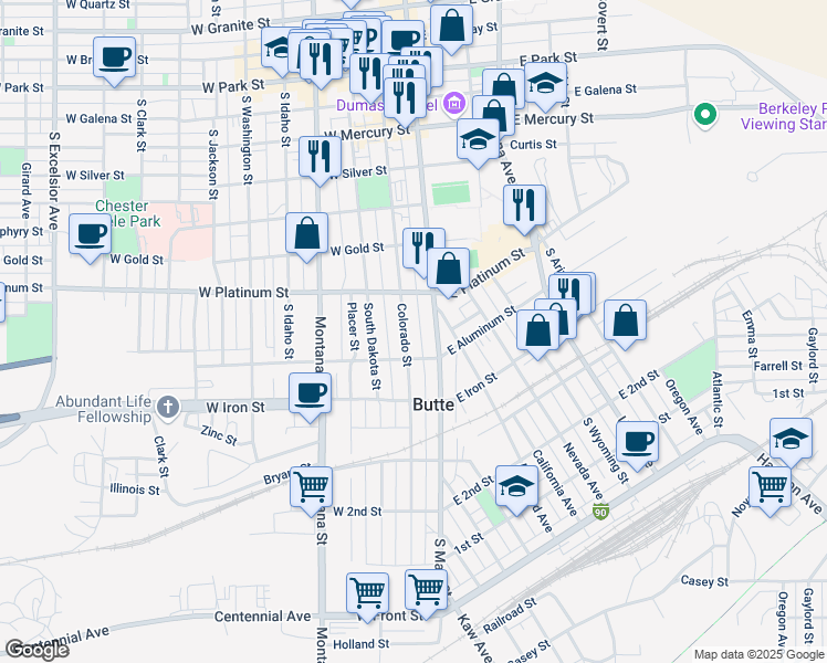 map of restaurants, bars, coffee shops, grocery stores, and more near 617 Colorado Street in Butte
