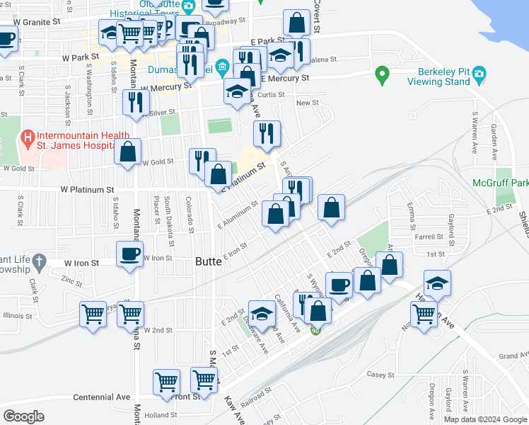 map of restaurants, bars, coffee shops, grocery stores, and more near 717 South Wyoming Street in Butte