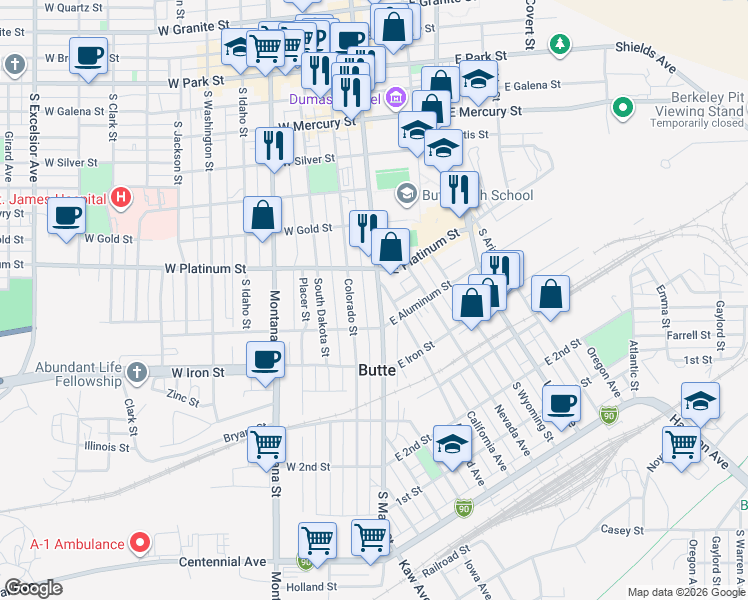 map of restaurants, bars, coffee shops, grocery stores, and more near 643 South Main Street in Butte