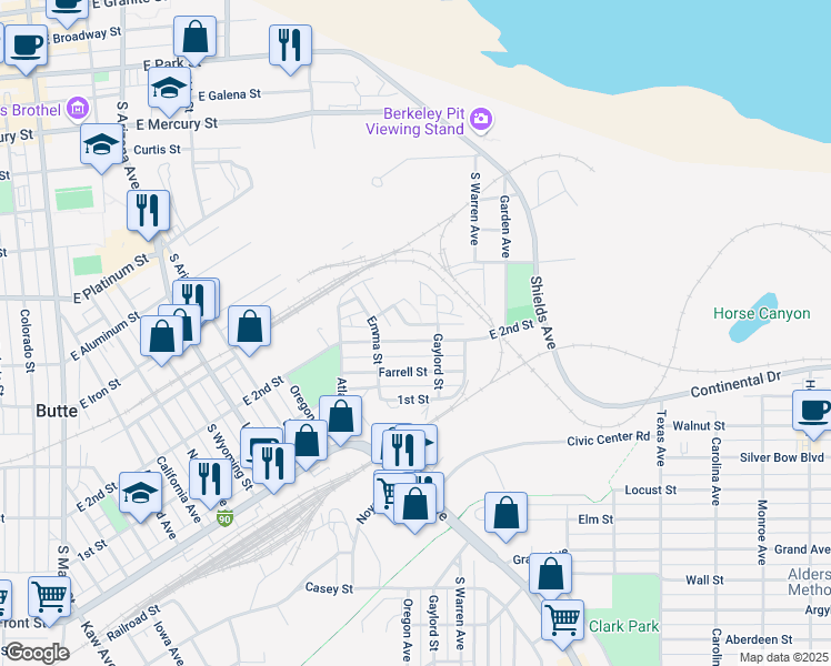 map of restaurants, bars, coffee shops, grocery stores, and more near 920 Ergo Street in Butte