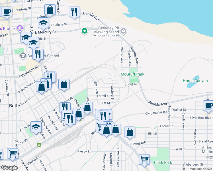 map of restaurants, bars, coffee shops, grocery stores, and more near 920 Ergo Street in Butte