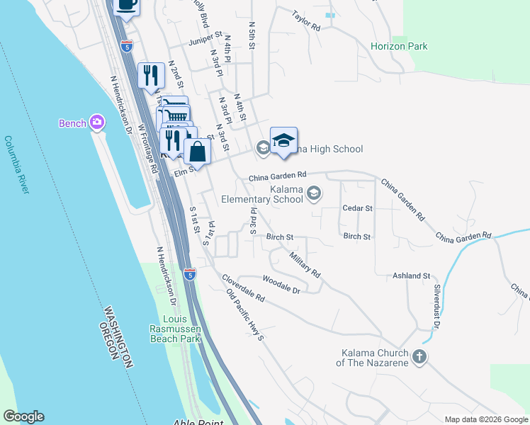 map of restaurants, bars, coffee shops, grocery stores, and more near 294 Military Road in Kalama