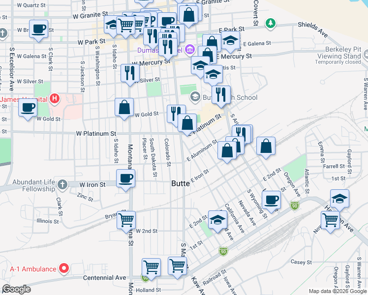 map of restaurants, bars, coffee shops, grocery stores, and more near 600 South Main Street in Butte