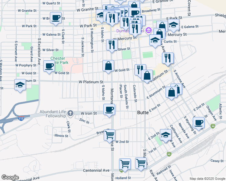 map of restaurants, bars, coffee shops, grocery stores, and more near 620 South Montana Street in Butte