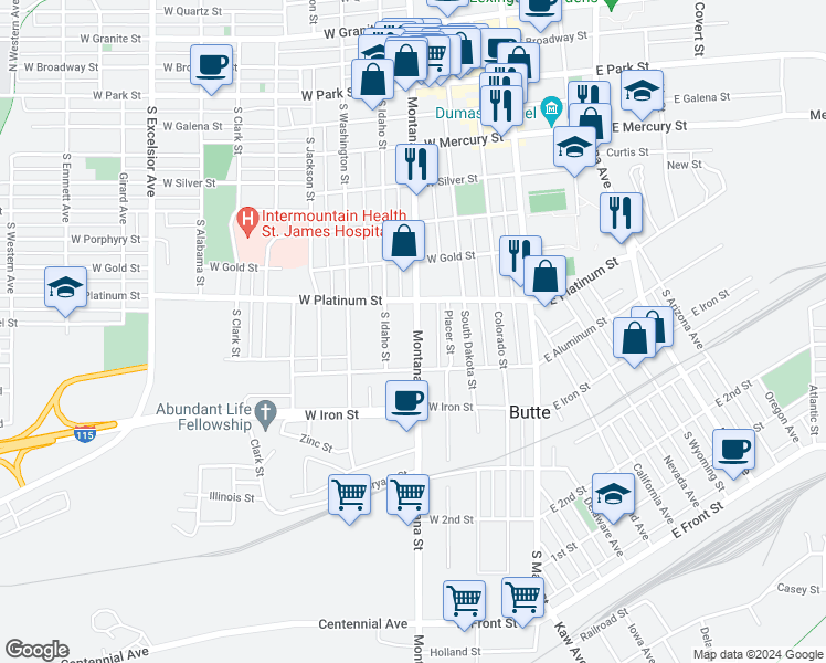 map of restaurants, bars, coffee shops, grocery stores, and more near 620 South Montana Street in Butte