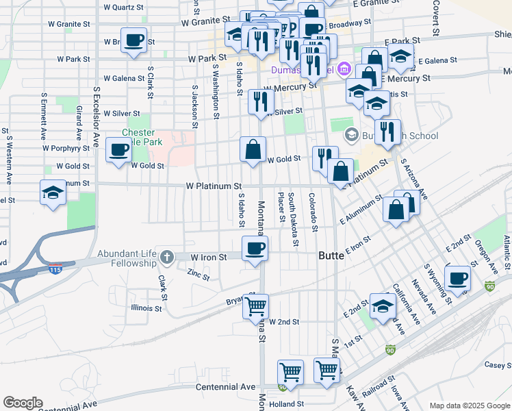map of restaurants, bars, coffee shops, grocery stores, and more near 620 South Montana Street in Butte