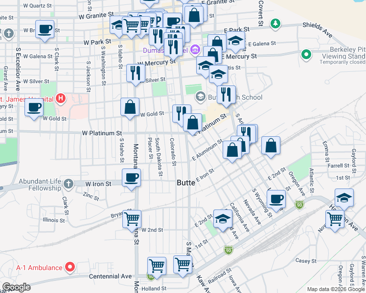map of restaurants, bars, coffee shops, grocery stores, and more near 600 South Main Street in Butte