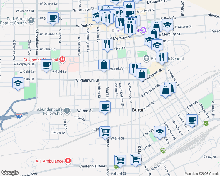 map of restaurants, bars, coffee shops, grocery stores, and more near 634 South Montana Street in Butte