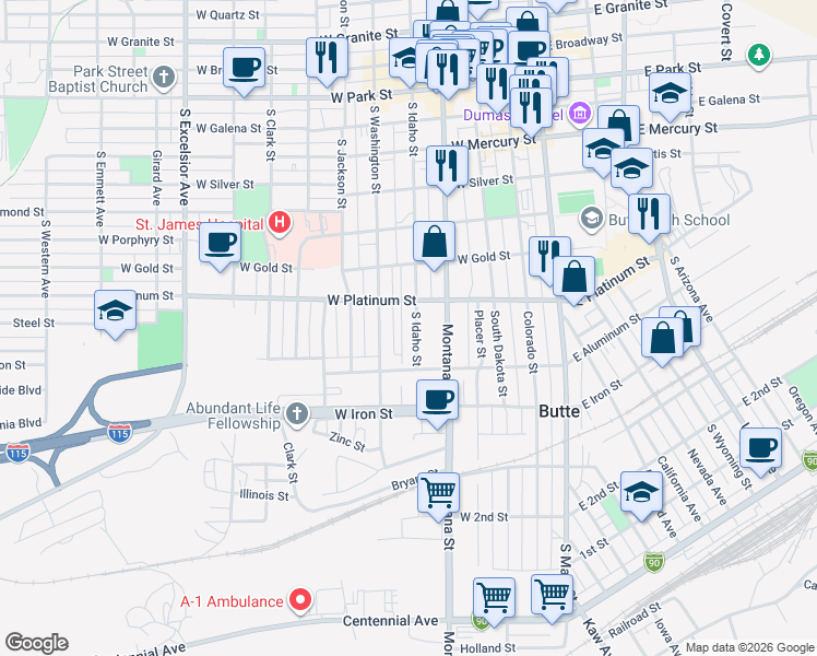 map of restaurants, bars, coffee shops, grocery stores, and more near 633 South Idaho Street in Butte