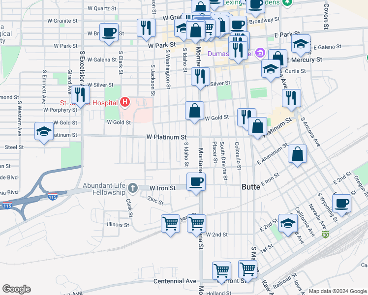 map of restaurants, bars, coffee shops, grocery stores, and more near 611 South Idaho Street in Butte