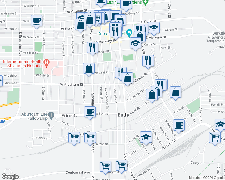 map of restaurants, bars, coffee shops, grocery stores, and more near 617 Colorado Street in Butte