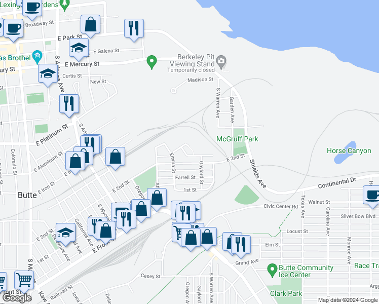 map of restaurants, bars, coffee shops, grocery stores, and more near 920 Ergo Street in Butte