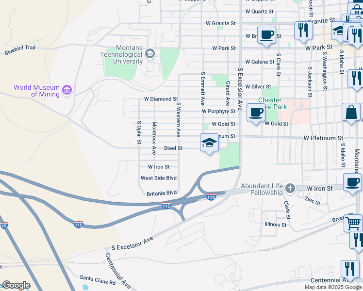 map of restaurants, bars, coffee shops, grocery stores, and more near 1163 Steel Street in Butte