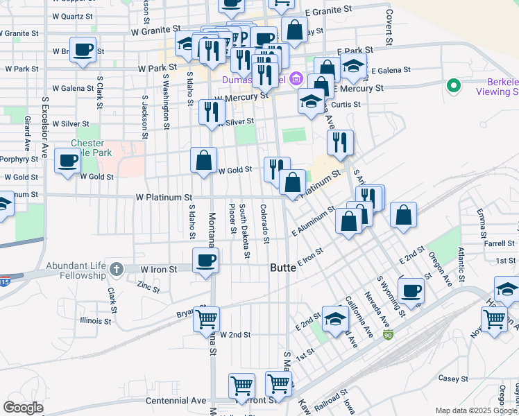map of restaurants, bars, coffee shops, grocery stores, and more near 617 Colorado Street in Butte