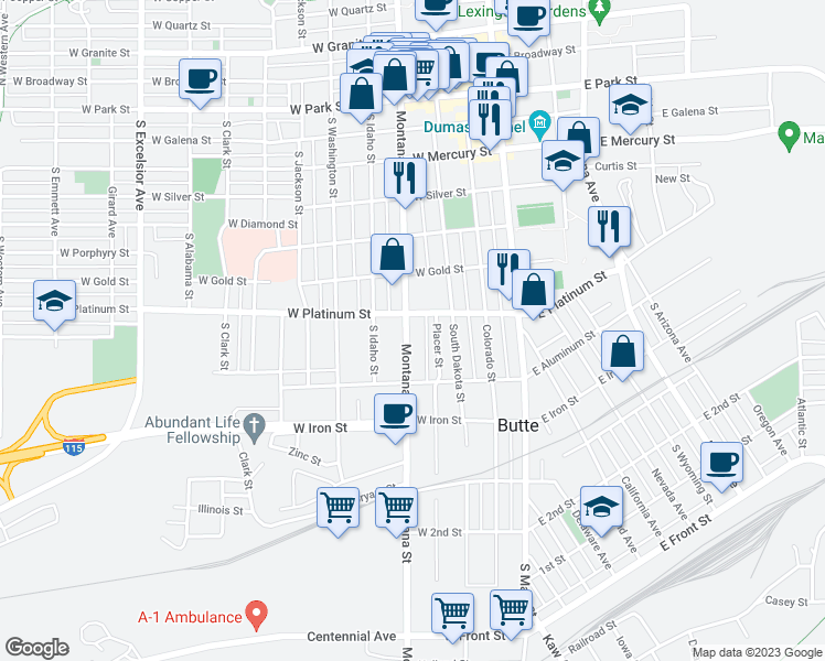 map of restaurants, bars, coffee shops, grocery stores, and more near 620 South Montana Street in Butte