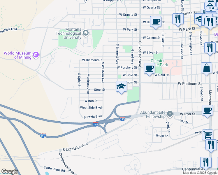 map of restaurants, bars, coffee shops, grocery stores, and more near 1139 Steel Street in Butte